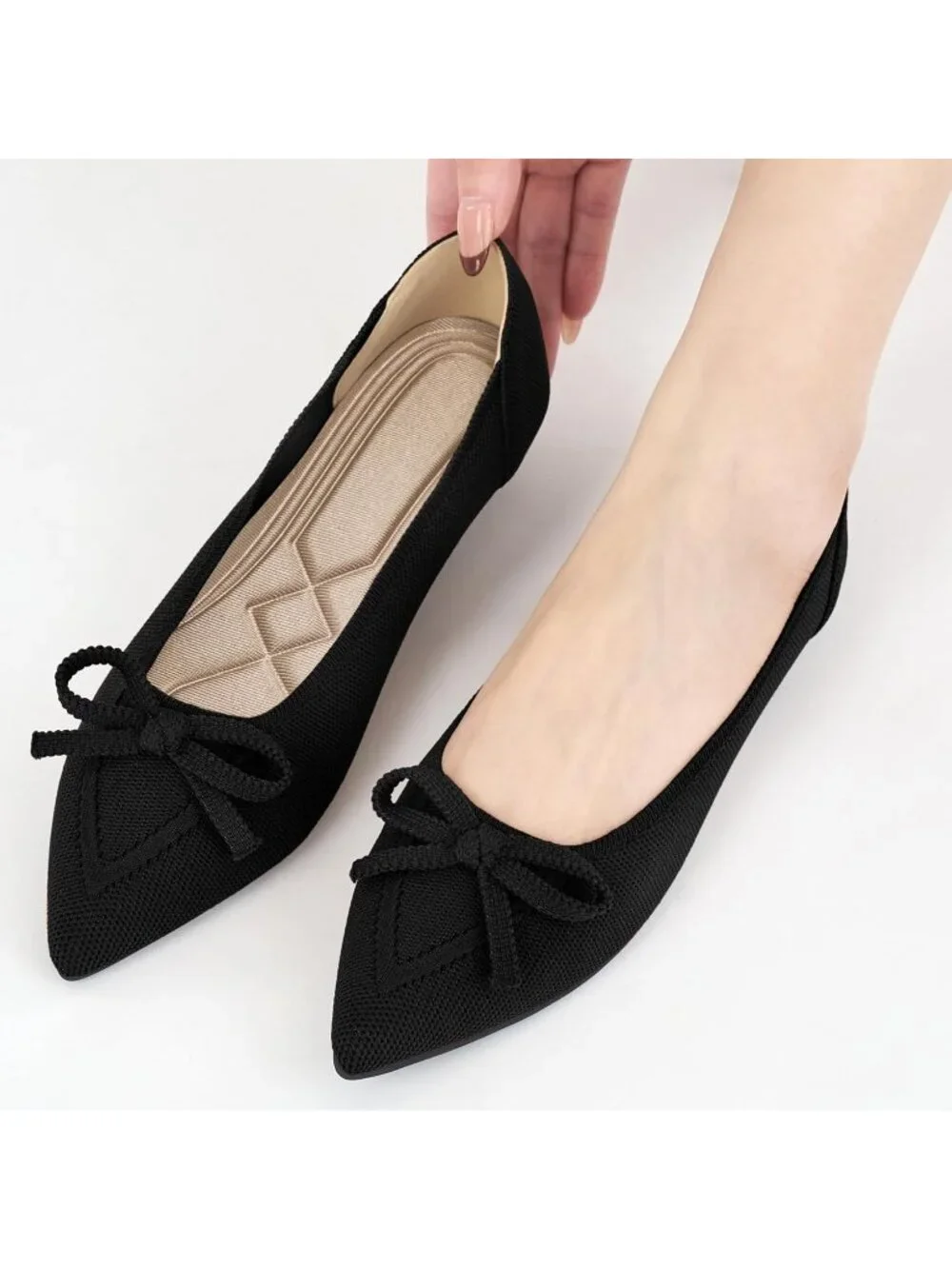 Women's Black Ballet Flats Shoes Dressy Pointed Toe Bow Knit Flats Comfortable